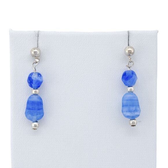 Vintage Sterling Silver 925 Blue Glass Bead Drop Earrings - Picture 2 of 4
